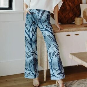 Francis + Benedict Cha Wide Leg Pants Blue Print Cotton XS